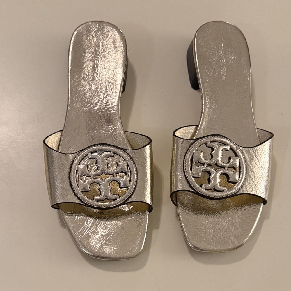 Tory Burch Metallic Gold Slide Sandals with Decorative Medallion